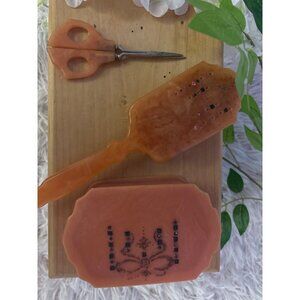 Vintage Ladies Celluloid-Bakelite Vanity  Set With Brush Scissors & Trinket Box